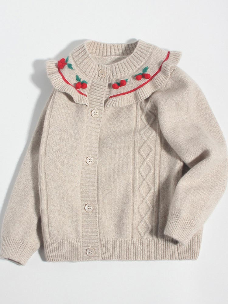 Ruffled Collar Cherry Embroidery Button-Front Cashmere Cardigan